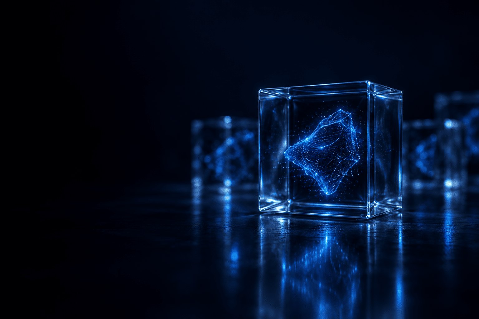 A glowing fragment of blue light preserved inside a clear glass cube, with similar cubes blurred behind it.
