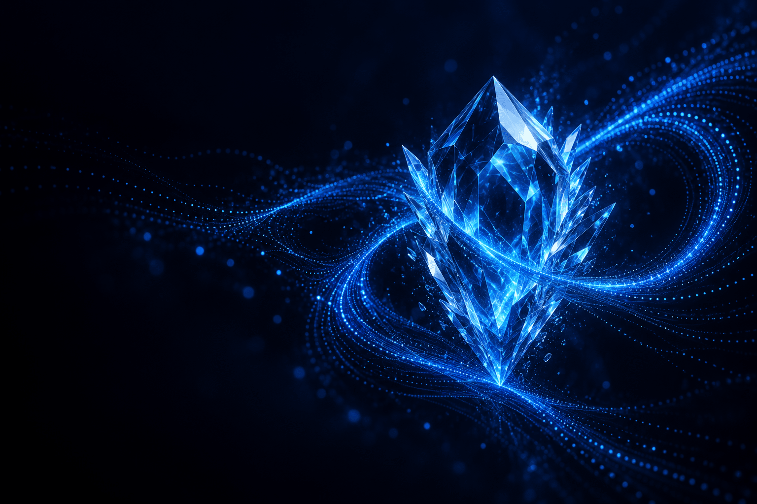A faceted blue crystal glowing from within, encircled by flowing streams of light particles.